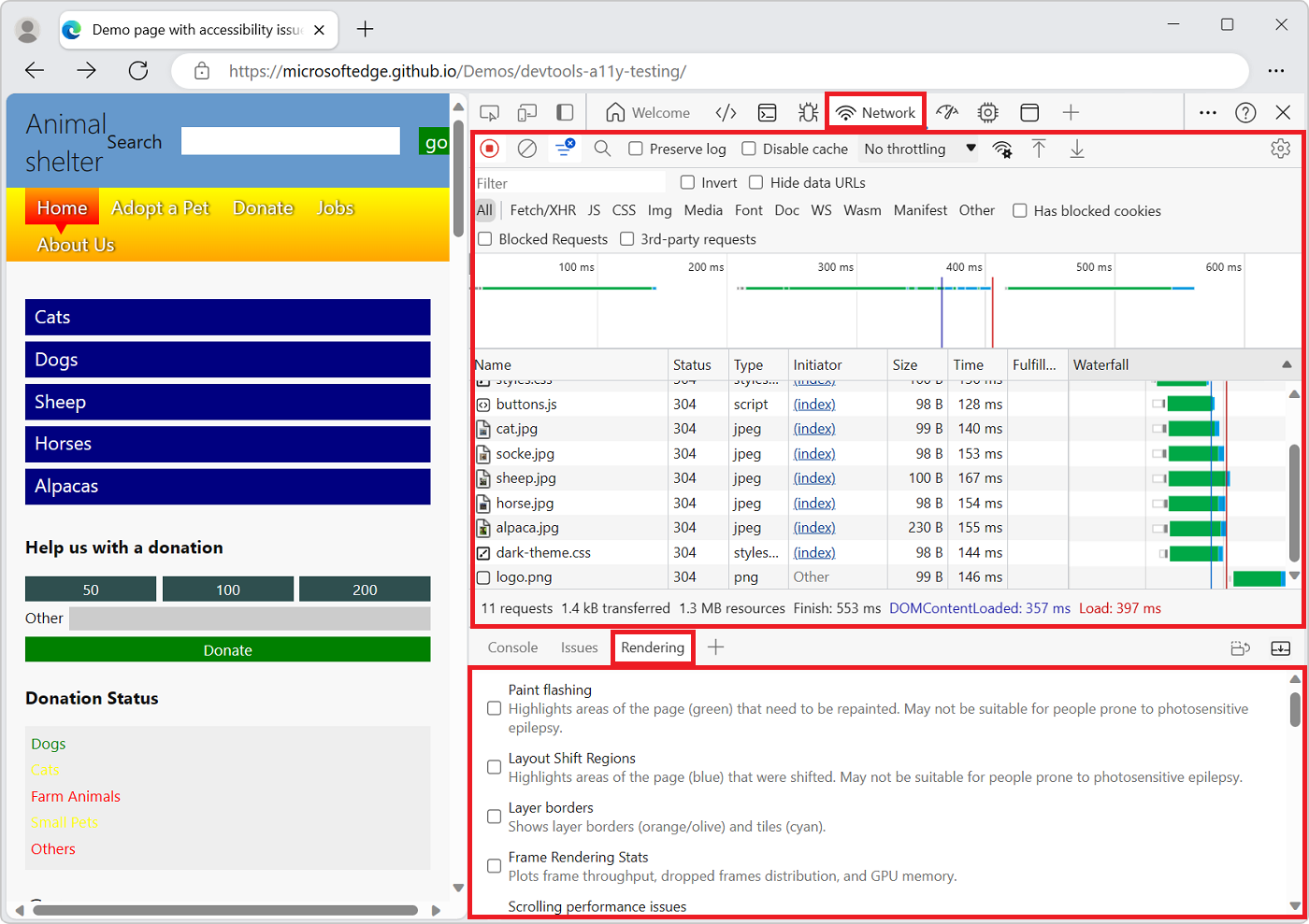 DevTools con la herramienta Red en la parte superior y la herramienta Representación en la parte inferior