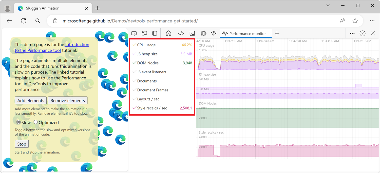 Barra lateral del Monitor de rendimiento, en la que se muestran varias métricas que se pueden alternar