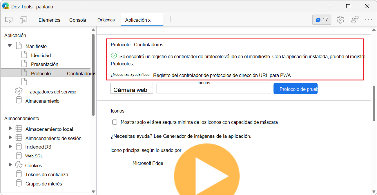 La sección Controladores de protocolo del panel Manifiesto con protocolos definidos