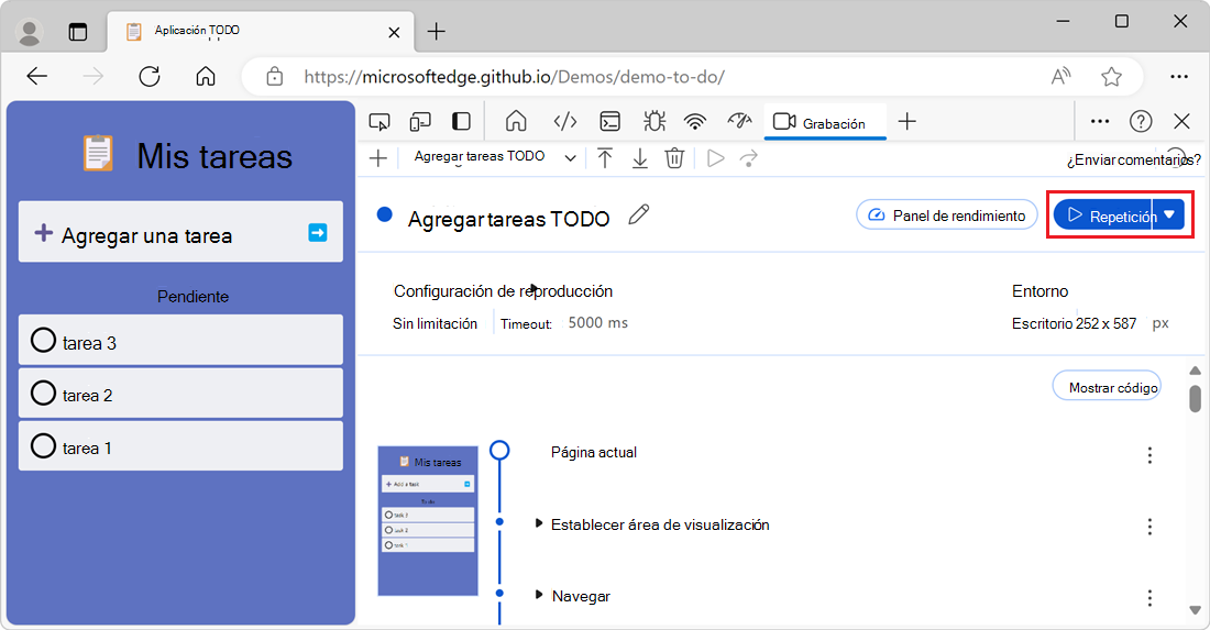 Botón Reproducir en una página de detalles del flujo de usuario grabado