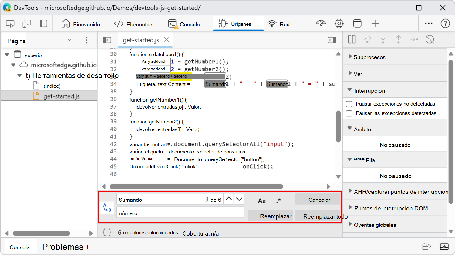 Buscar y reemplazar, en el panel Editor de la herramienta Orígenes