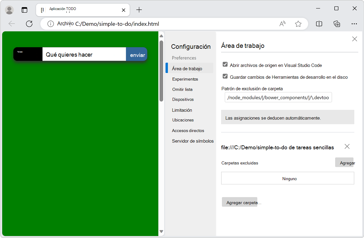 Panel de configuración del área de trabajo que muestra varias opciones