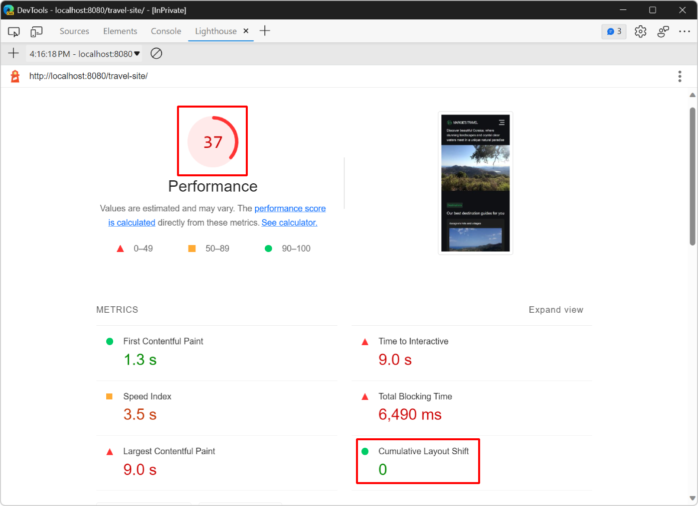 Informe de la herramienta Lighthouse que muestra una mejor puntuación después de que cambie la relación de aspecto