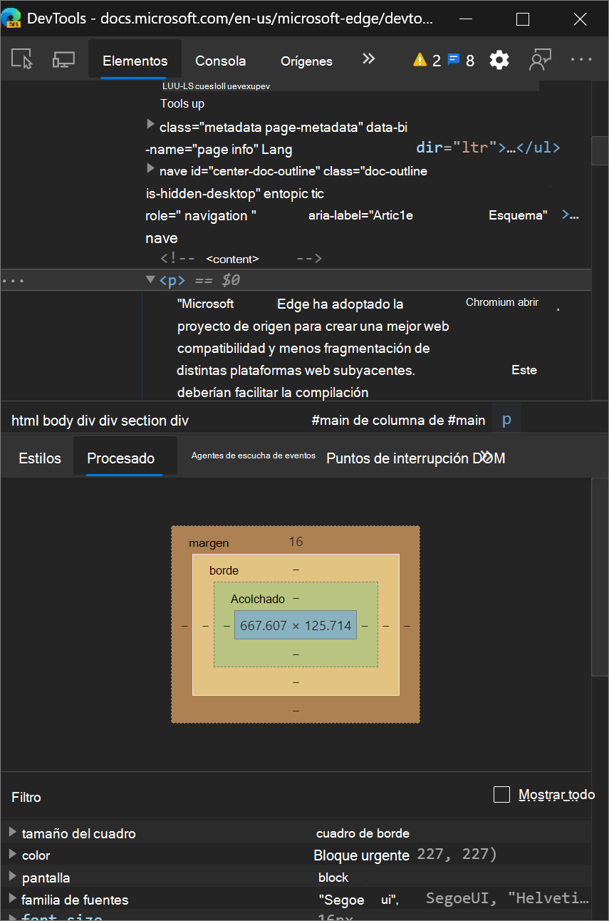 El panel Calculado se muestra de forma coherente como un panel independiente, incluso cuando DevTools es estrecho