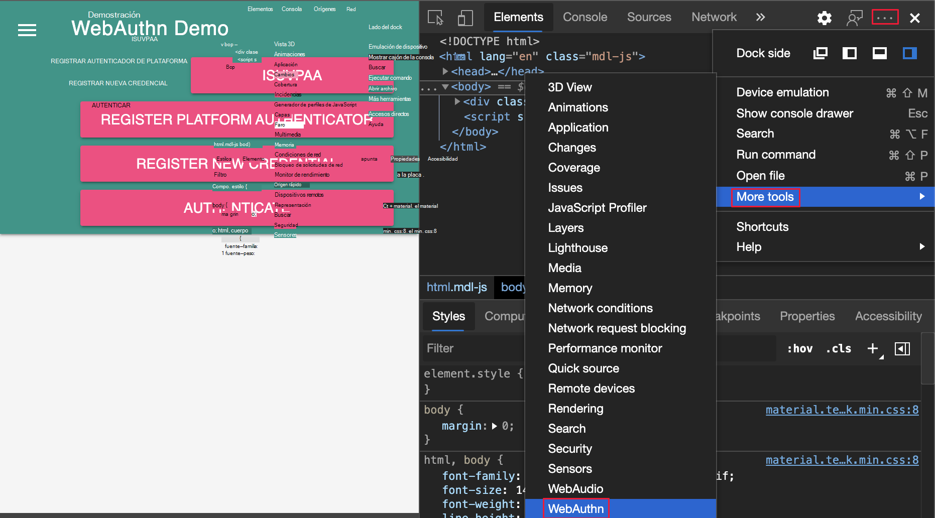 Apertura de la herramienta WebAuthn