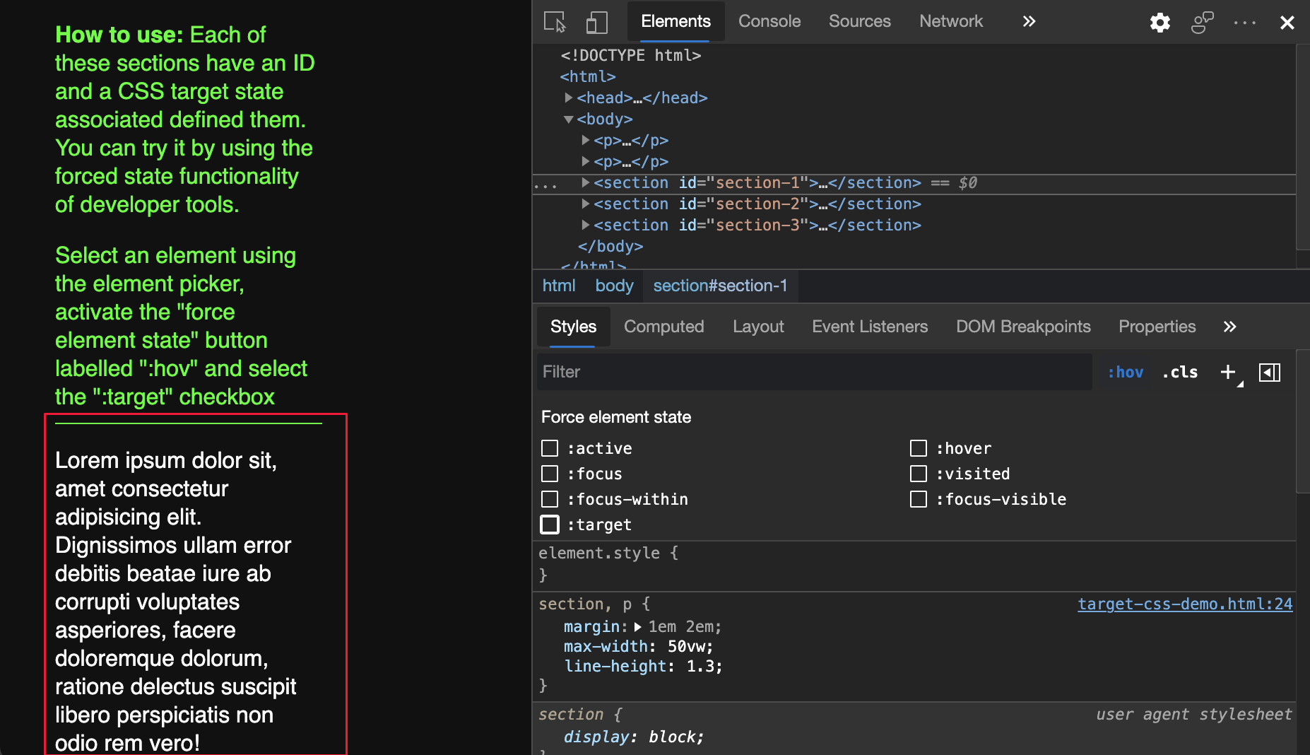 Página web resaltada sin CSS forzado