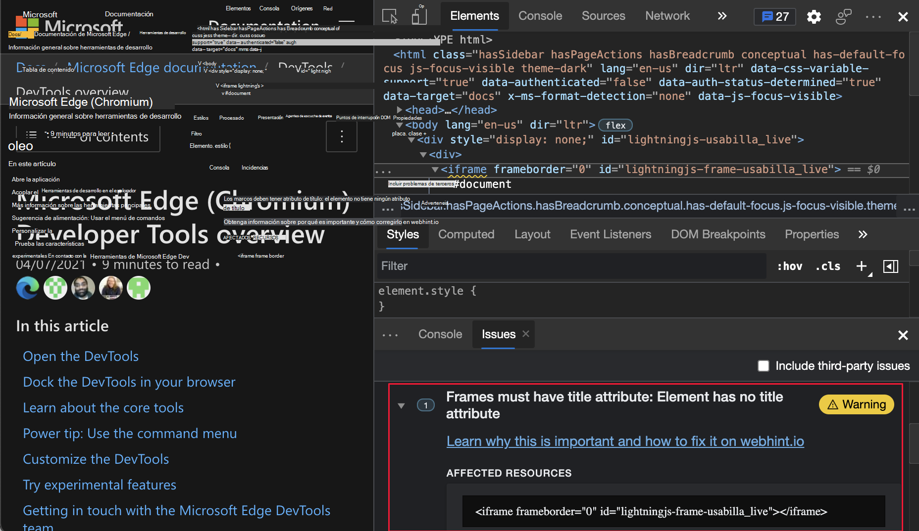 Mostrar los detalles del error en la herramienta Problemas