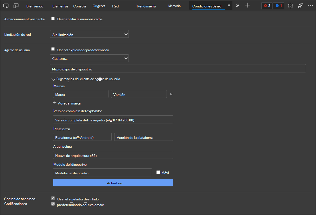 Definición de User-Agent sugerencias de cliente para un dispositivo personalizado en la herramienta Condiciones de red
