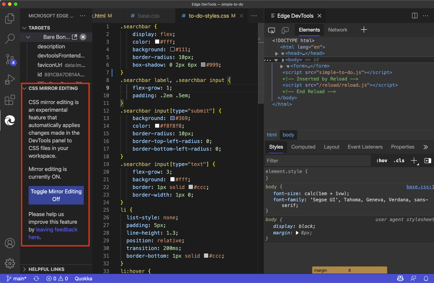 Los cambios en el editor de estilos CSS ahora se muestran en los archivos CSS dentro de Visual Studio Code