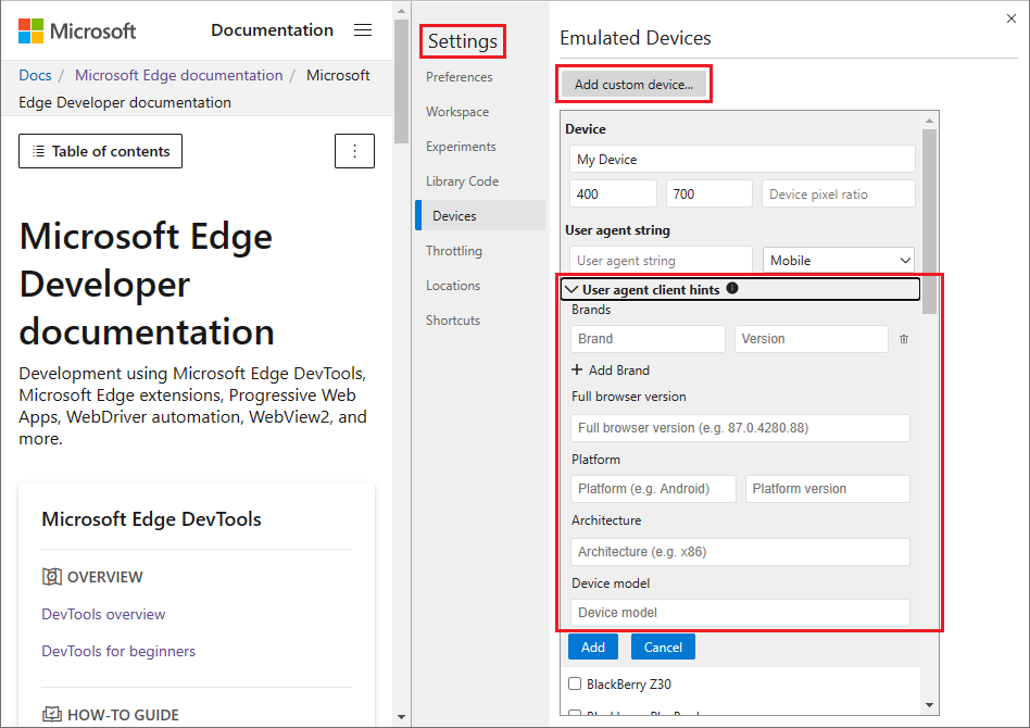 Configuración de > dispositivos > configuración User-Agent sugerencias de cliente