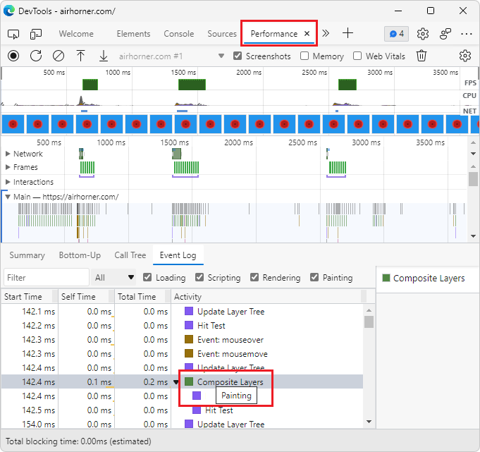 En el registro de eventos, el evento activity seleccionado tiene un cuadro verde que representa un evento Painting y ahora una información sobre herramientas indica explícitamente 