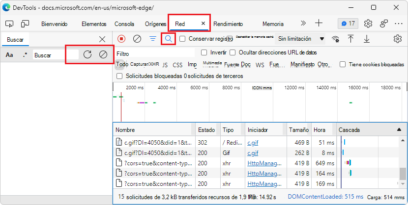 En la herramienta Red, el cuadro de texto Buscar ahora cambia de tamaño para mostrar los botones Actualizar y Borrar, incluso cuando el panel es estrecho.