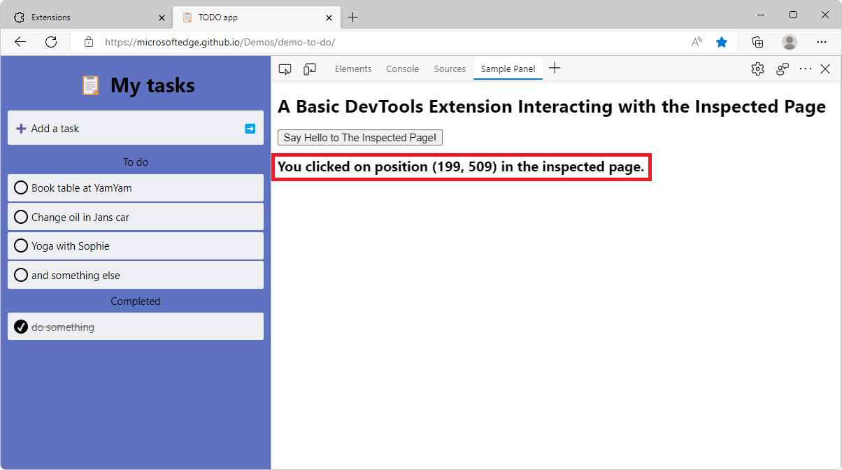 El panel de ejemplo de DevTools que muestra el mensaje de posición en el que se ha hecho clic