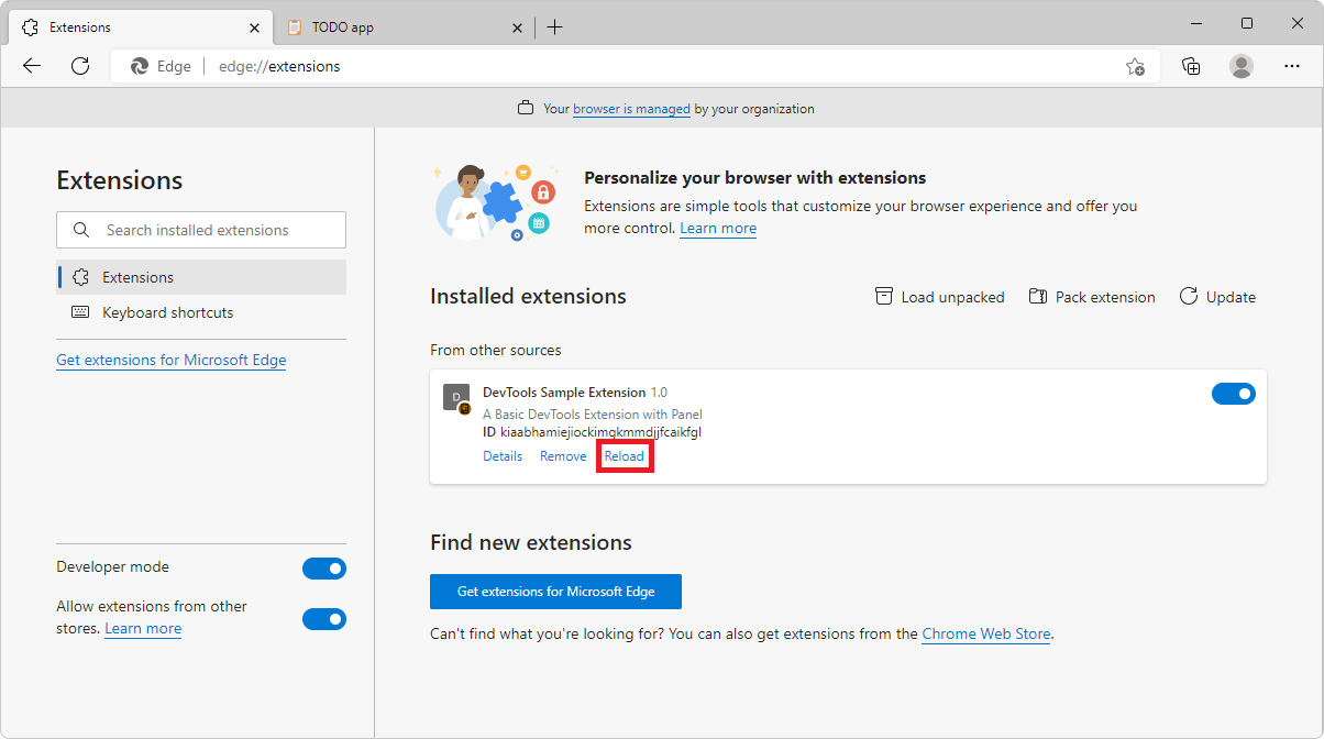 La página Extensiones de Microsoft Edge que muestra dónde está el botón Volver a cargar