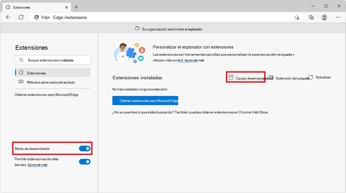 La página edge://extensions de Microsoft Edge, en la que se muestran los botones Modo de desarrollador y Cargar desempaquetado