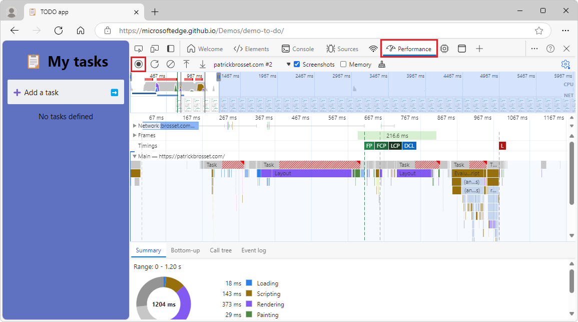 Perfil de rendimiento grabado que se muestra en la herramienta Rendimiento de DevTools