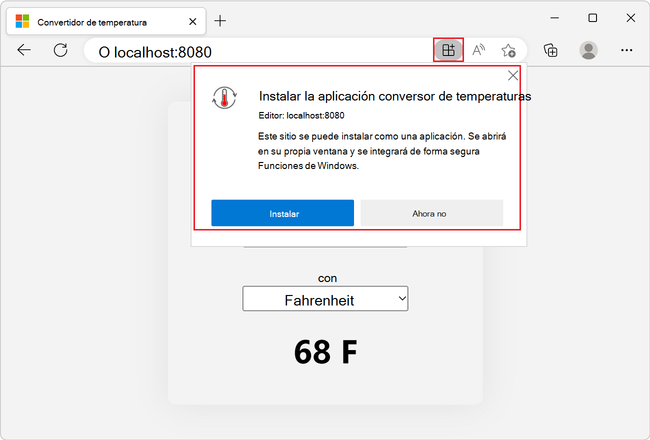 Microsoft Edge, con la PWA de ejemplo en una pestaña. Se ha hecho clic en el botón Aplicación disponible de la barra de direcciones y se muestra el mensaje de instalación