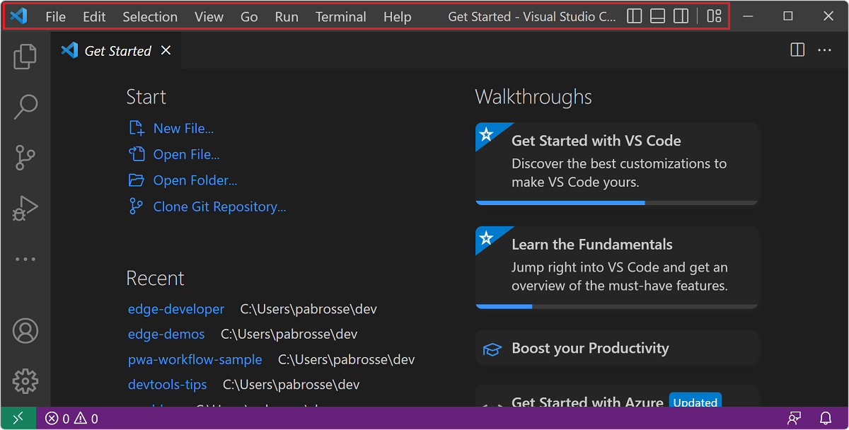 Visual Studio Code muestra contenido en el área de la barra de título