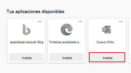 Aplicaciones disponibles que se muestran en la página Aplicaciones con el botón Instalar resaltado