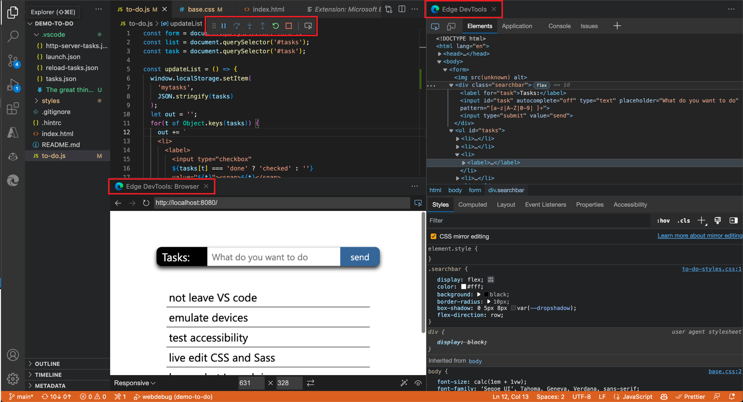 Extensión abierta en Visual Studio Code que muestra la vista previa del explorador debajo del código fuente y DevTools a la derecha