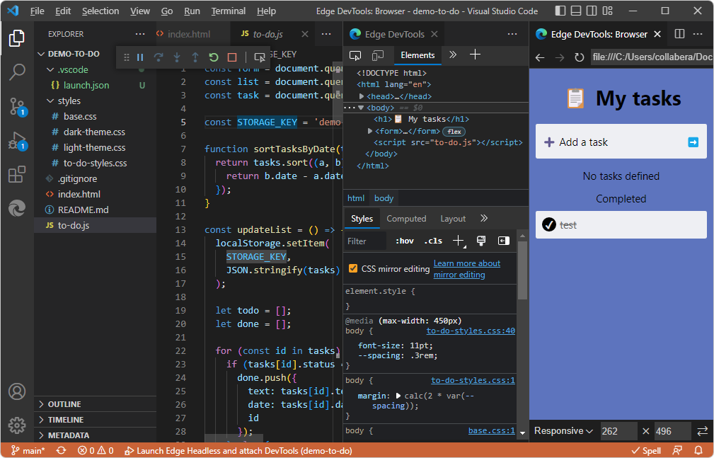 El botón Inspeccionar abre Microsoft Edge DevTools dentro de Visual Studio Code