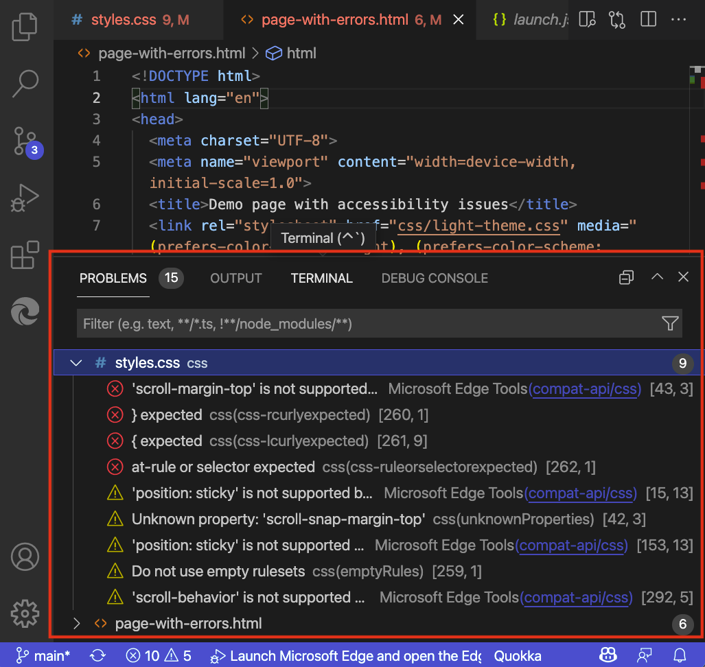 La pestaña Problemas del panel inferior de Visual Studio Code muestra todos los problemas que se encuentran en los archivos del proyecto.