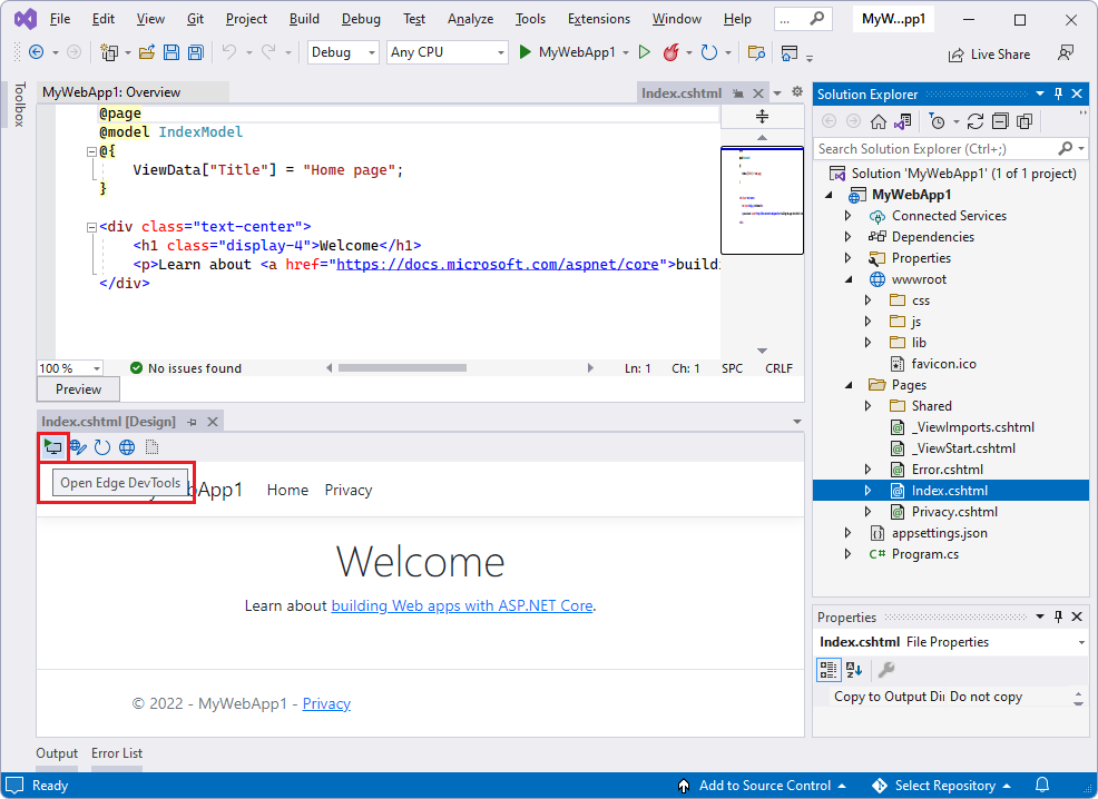 Un proyecto de ASP.NET, abriendo Edge DevTools