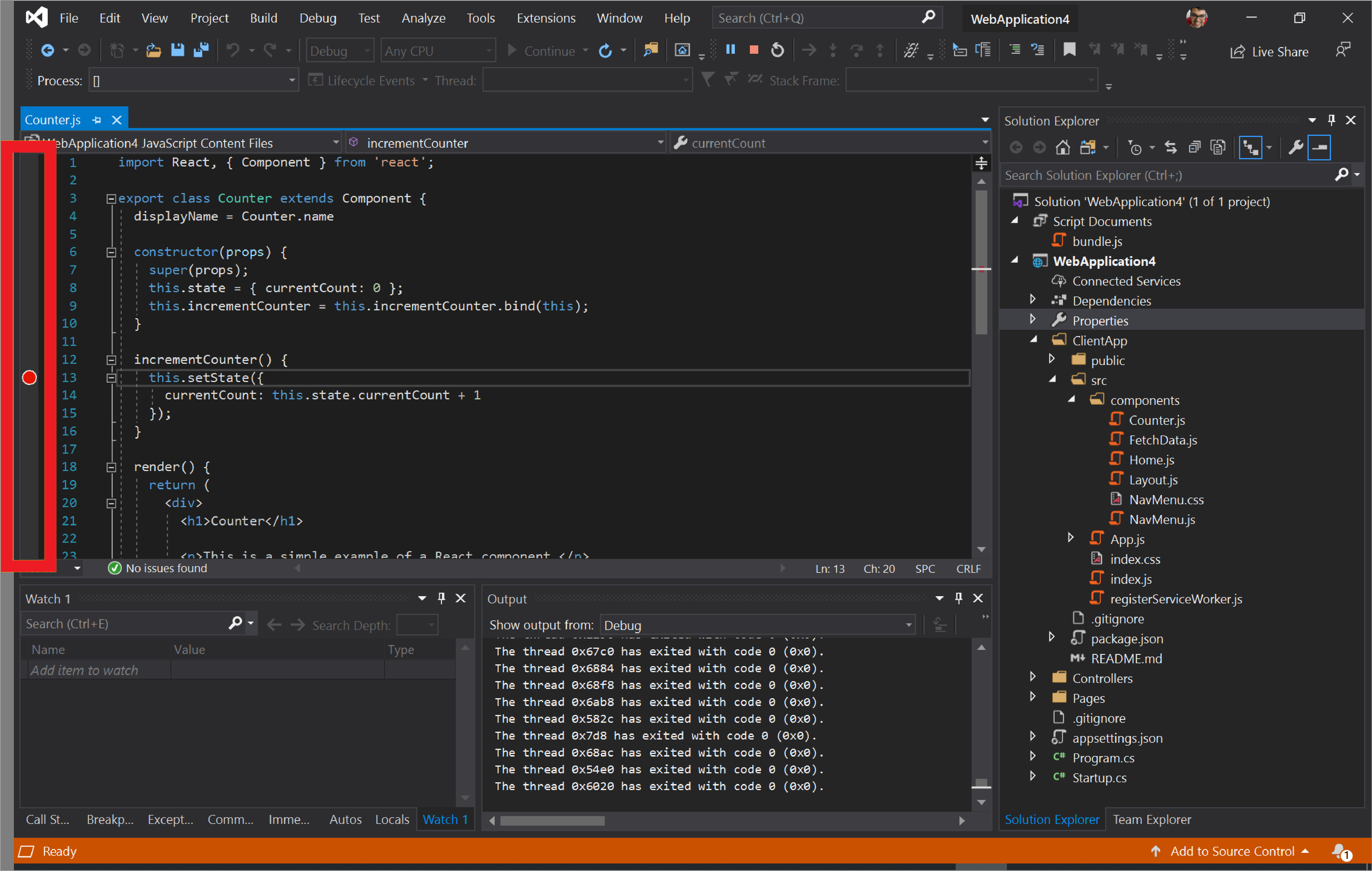 Seleccione el canalón situado junto a la línea 13 en Counter.js para establecer un punto de interrupción en Visual Studio.