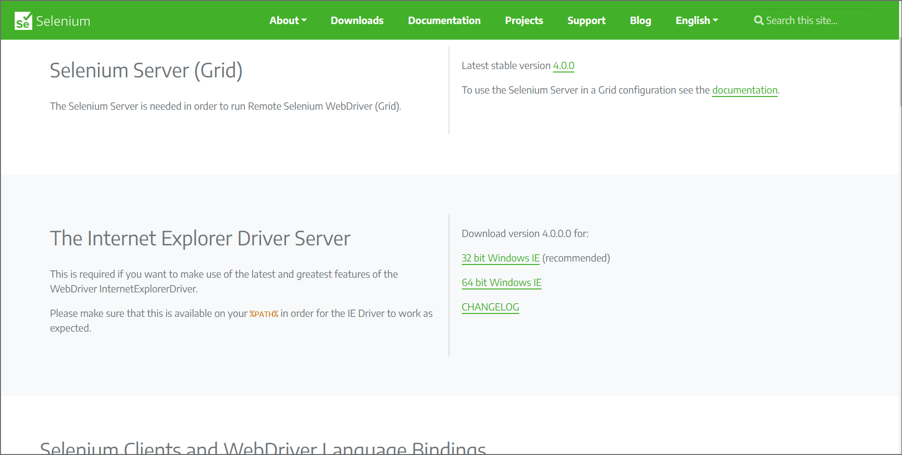La sección IEDriver de la página Descargas de Selenium