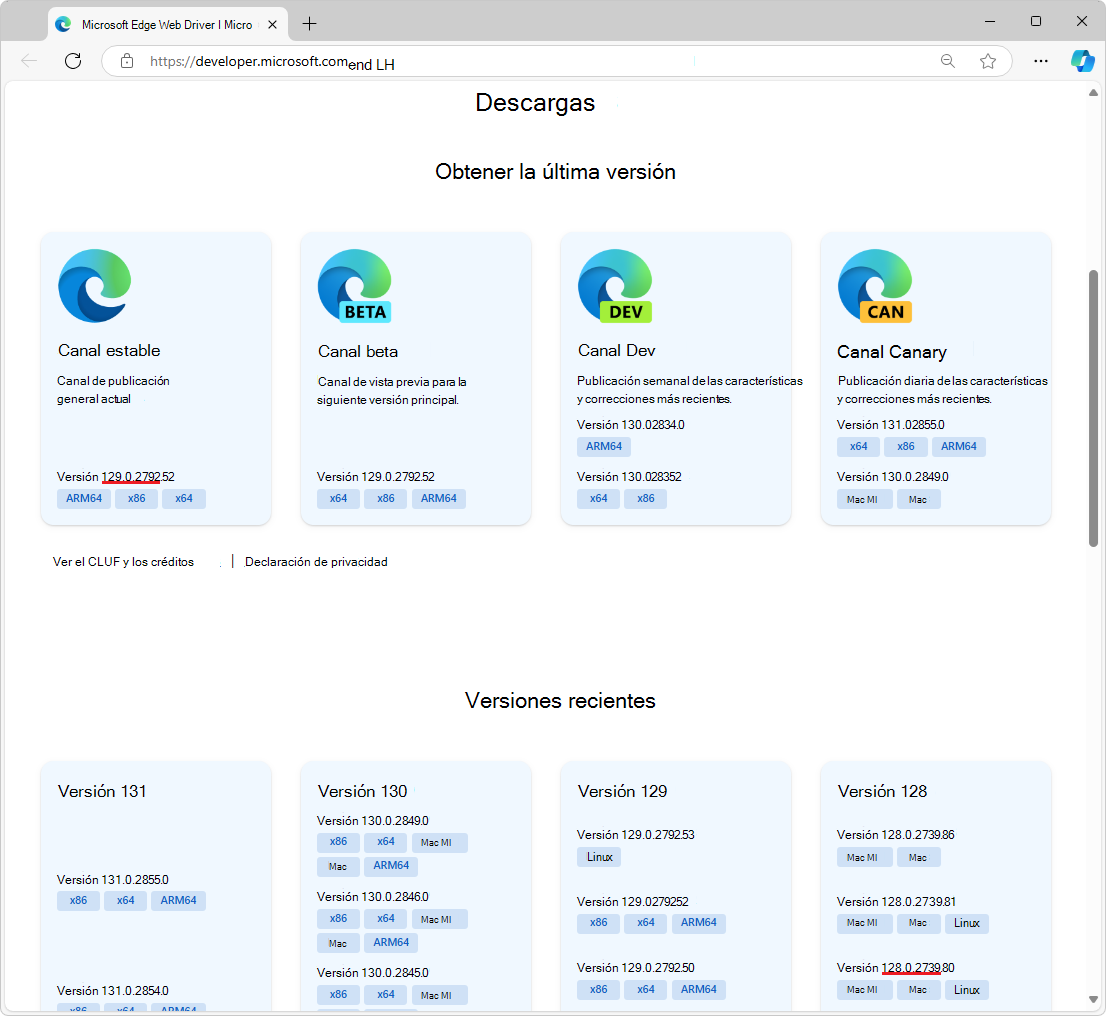 La sección Obtener la versión más reciente de la página web de Microsoft Edge WebDriver