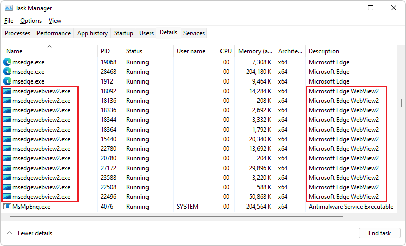 Pestaña Detalles del Administrador de tareas, enumeración de instancias del proceso de msedgewebview2.exe