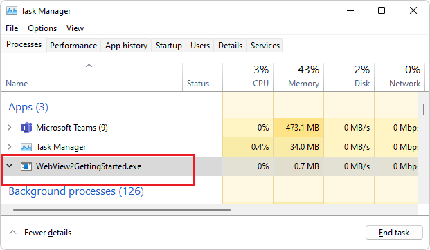 Administrador de tareas que muestra una aplicación que usa WebView2, con una versión anterior de Windows