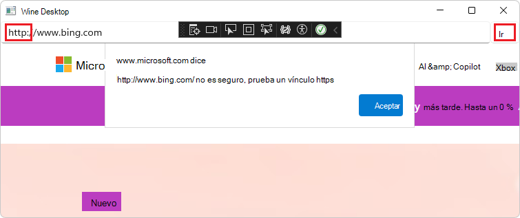 El control WebView2 de la aplicación muestra un cuadro de diálogo de alerta para sitios web que no son HTTPS.