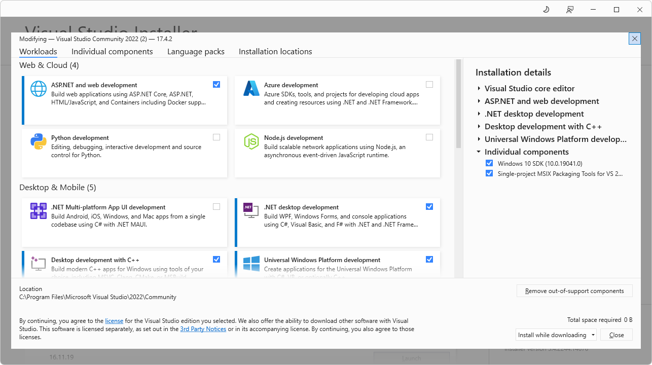 La ventana Modificación de Visual Studio, estado inicial