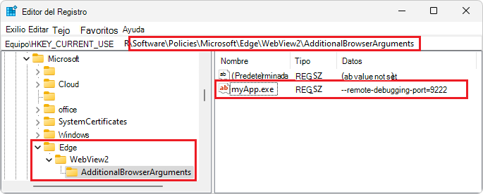 La clave del Registro resultante en el Editor del Registro