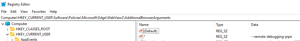 Establecer la clave del Registro AdditionalBrowserArguments en --remote-debugging-pipe