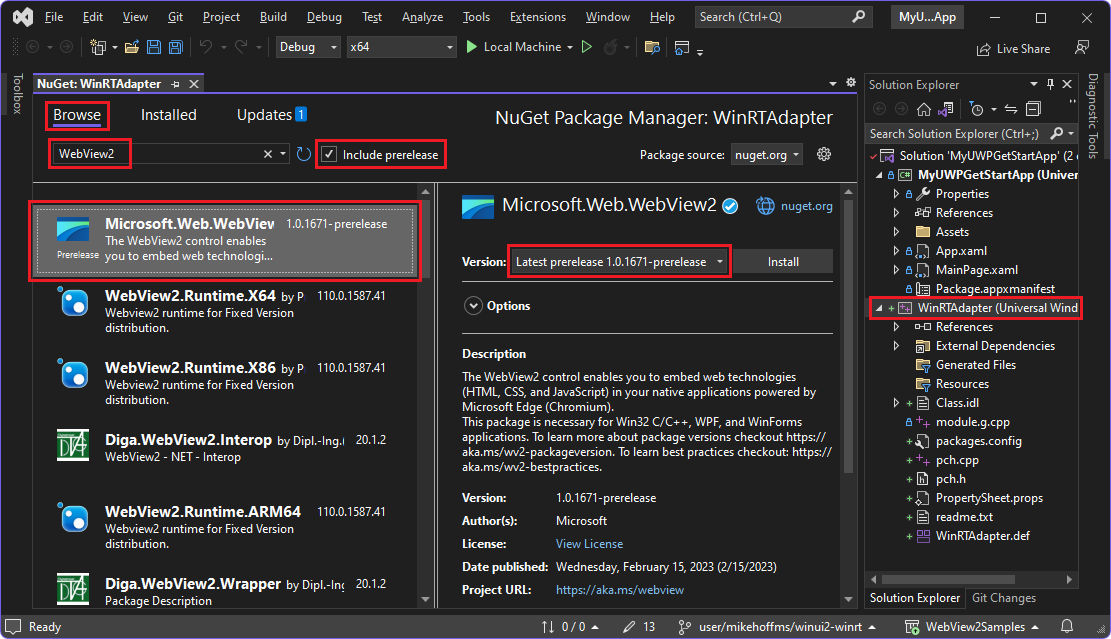 Administrador de paquetes NuGet, seleccionando el paquete del SDK de WebView2, para el proyecto WinRTAdapter