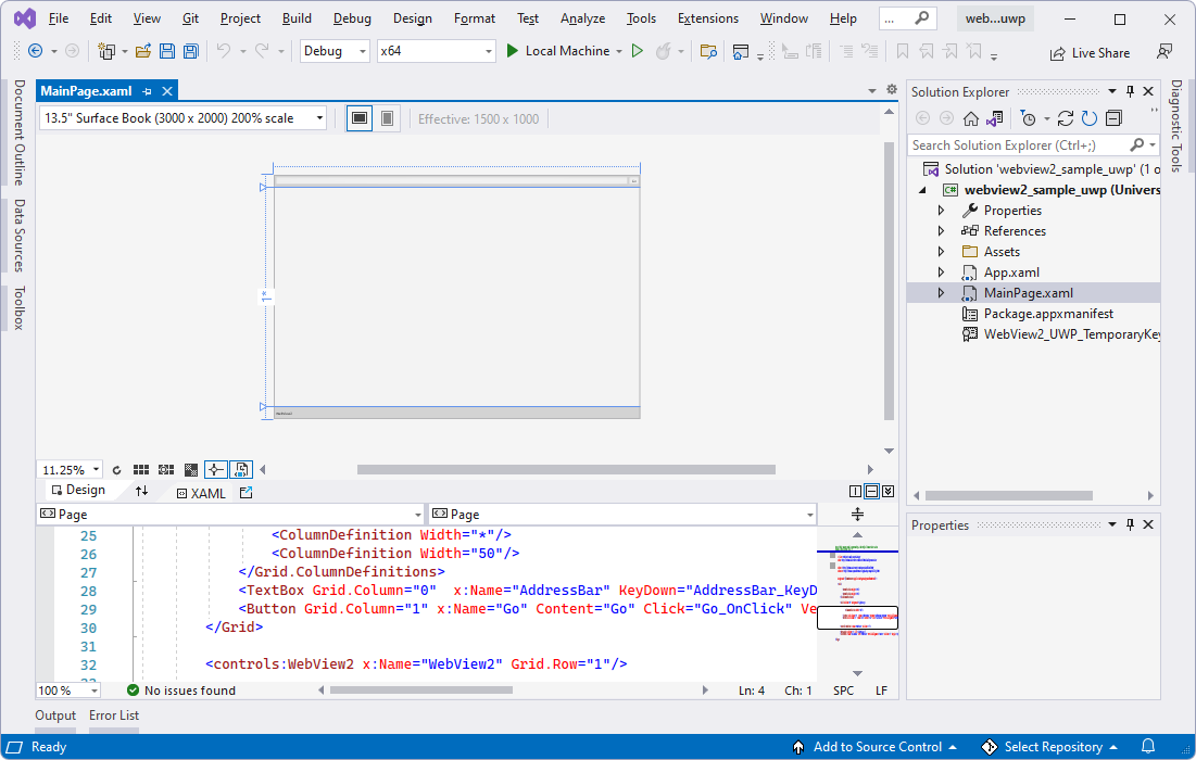 El ejemplo de webview2_sample_uwp abierto en Visual Studio en Explorador de soluciones