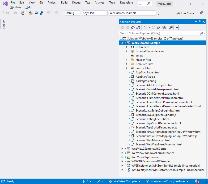 El proyecto WebView2APISample en Explorador de soluciones