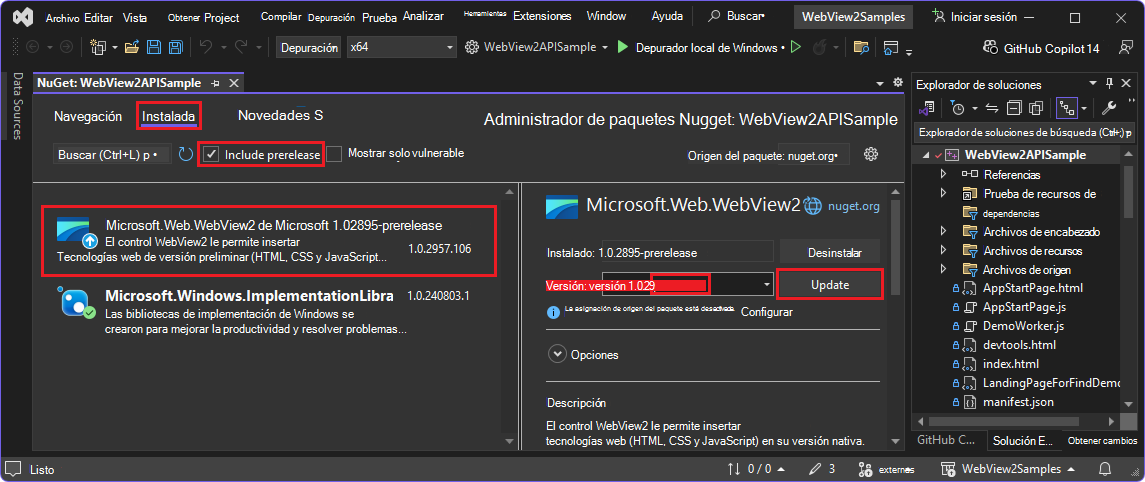 Administrador de paquetes NuGet con la versión preliminar del SDK de WebView2 seleccionada