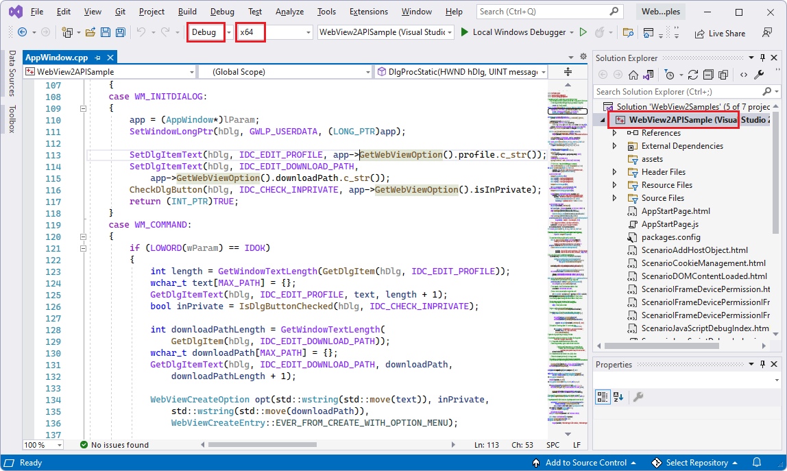 El proyecto WebView2APISample seleccionado en Explorador de soluciones