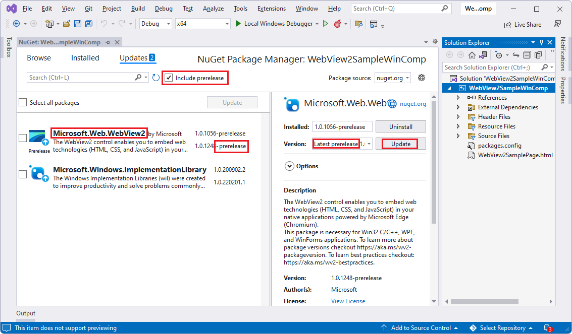 La pestaña Novedades del Administrador de paquetes NuGet después de abrir inicialmente la solución WebView2SampleWinComp