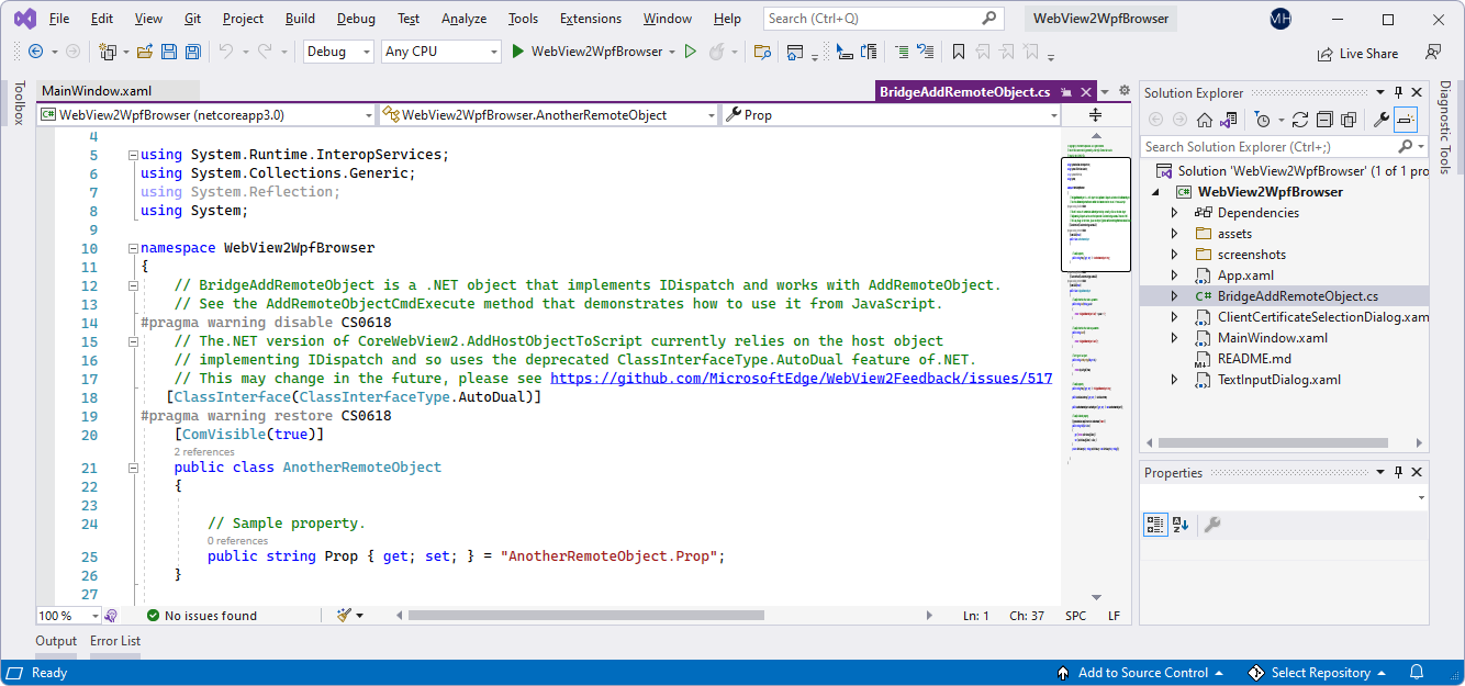 Código del proyecto WebView2WpfBrowser en Visual Studio