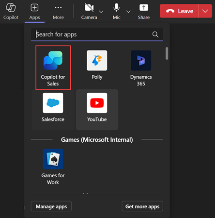 Captura de pantalla que muestra cómo agregar la aplicación Copilot para ventas durante la reunión.