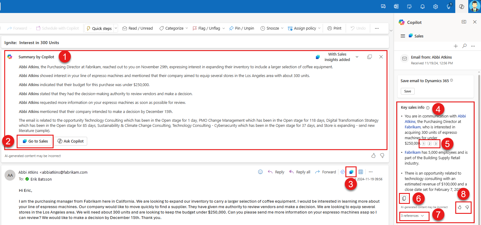 Captura de pantalla que muestra un resumen de correo electrónico en Outlook enriquecido con información de ventas de su sistema CRM.