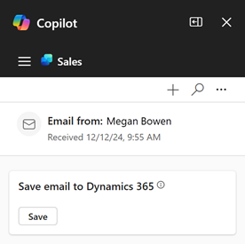 Captura de pantalla que muestra el botón Guardar en la tarjeta Guardar correo electrónico en Dynamics 365.