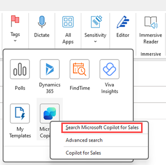 Captura de pantalla que muestra la opción de búsqueda en la aplicación Copilot para ventas en Outlook clásico.