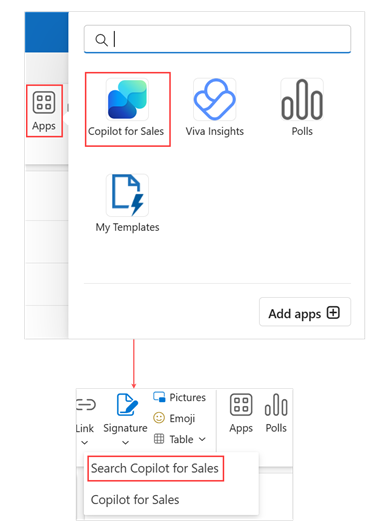 Captura de pantalla que muestra la opción de búsqueda en la aplicación Copilot para ventas en el nuevo Outlook.