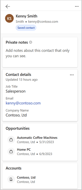 Captura de pantalla que muestra una vista detallada de los registros de CRM en Copilot para ventas.