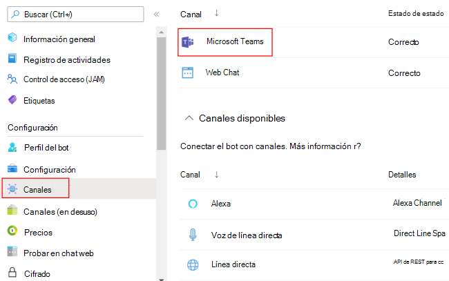 Captura de pantalla que muestra cómo seleccionar Teams en canales.